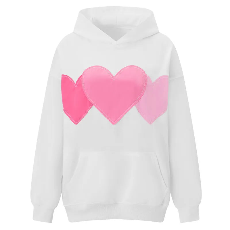 Women's Heart Applique Hoodie Loose Pullover Streetwear with Pocket