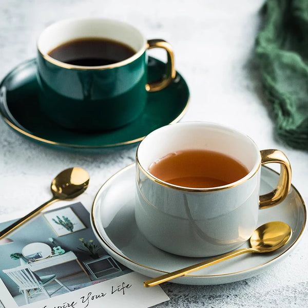 Gold Rim Coffee Cup and Saucer Set with Spoon European Ceramic