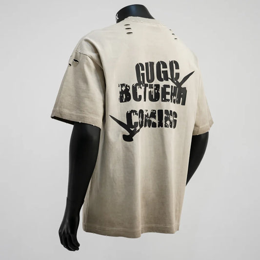 2025 Retro Letter Print Men's T-Shirt Summer Streetwear Hole Top