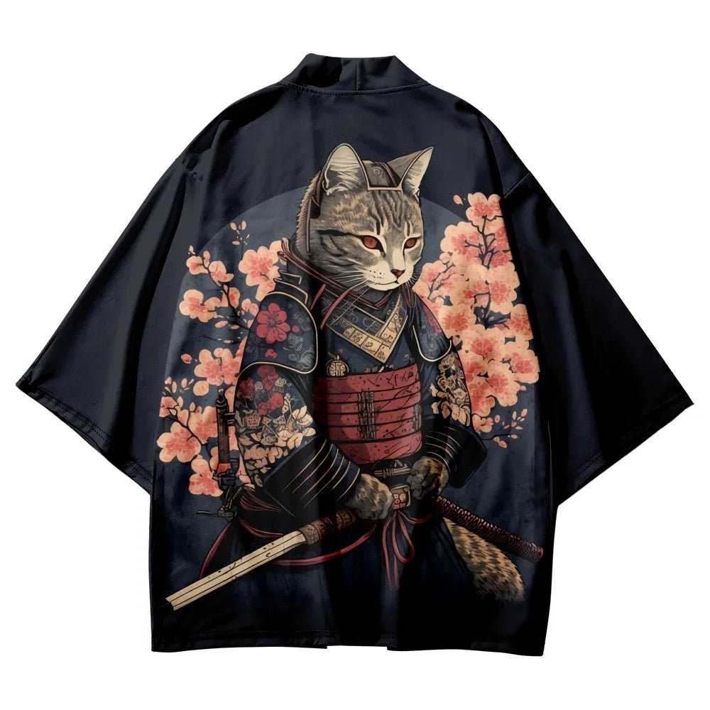 Japanese Kimono Yukata Samurai Man Cat Print Shirt Clothing Harajuku
