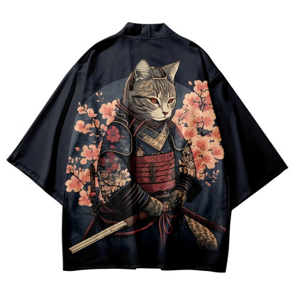 Japanese Kimono Yukata Samurai Man Cat Print Shirt Clothing Harajuku