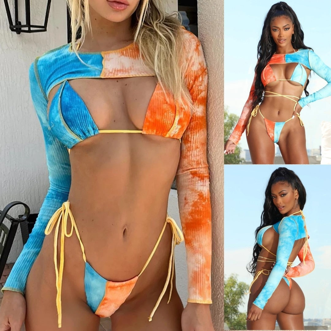 Bikini Set Tie Dye Bedruckter Badeanzug Damen Sexy mit langärmeligen Oberteilen