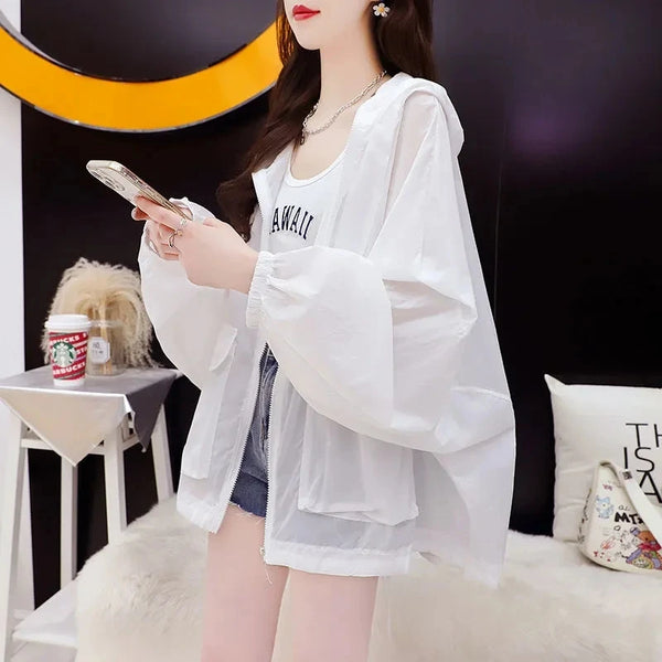 Womens Cropped Hooded Jacket Korean Style UPF Sun Protection Summer
