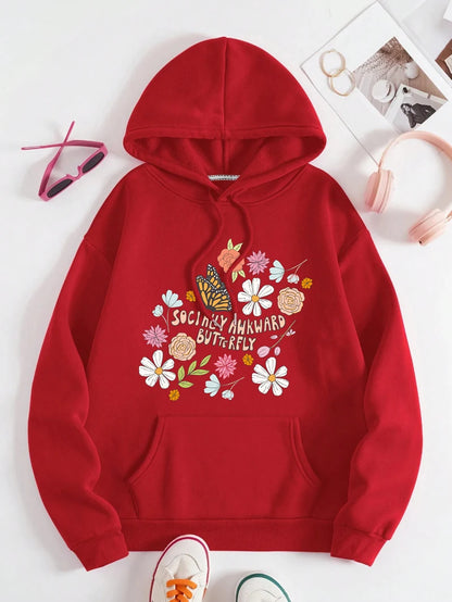 Flowers And Butterflies Hoodie Women Plants Prints Pocket Loose Pullover