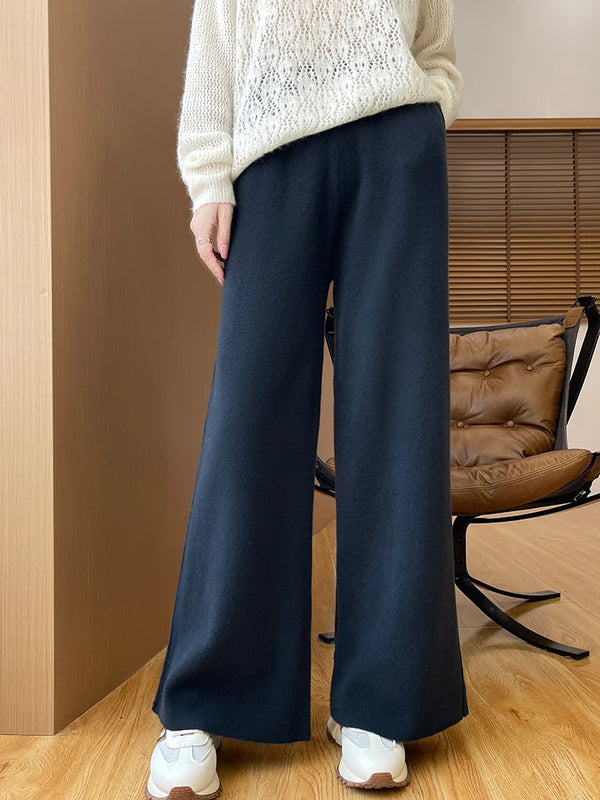 Womens Merino Wool Knit Pants Elastic Waist Wide Leg Winter Warm