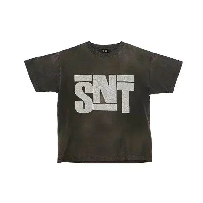 25SS Vintage Grey Saint T-Shirt Streetwear Character Logo Print Cotton