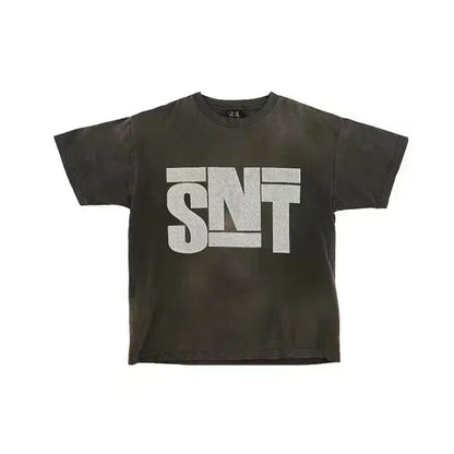 25SS Vintage Grey Saint T-Shirt Streetwear Character Logo Print Cotton