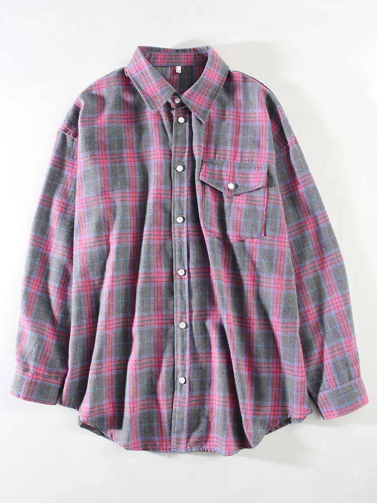 Vintage Oversized Plaid Shirt Women Casual Blouse