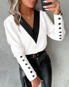 Womens V Neck Button Blouse Color Block Long Sleeve Office Shirt