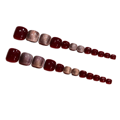 Glossy Cat's Eye Red Press-on Toenails for Summer Feet