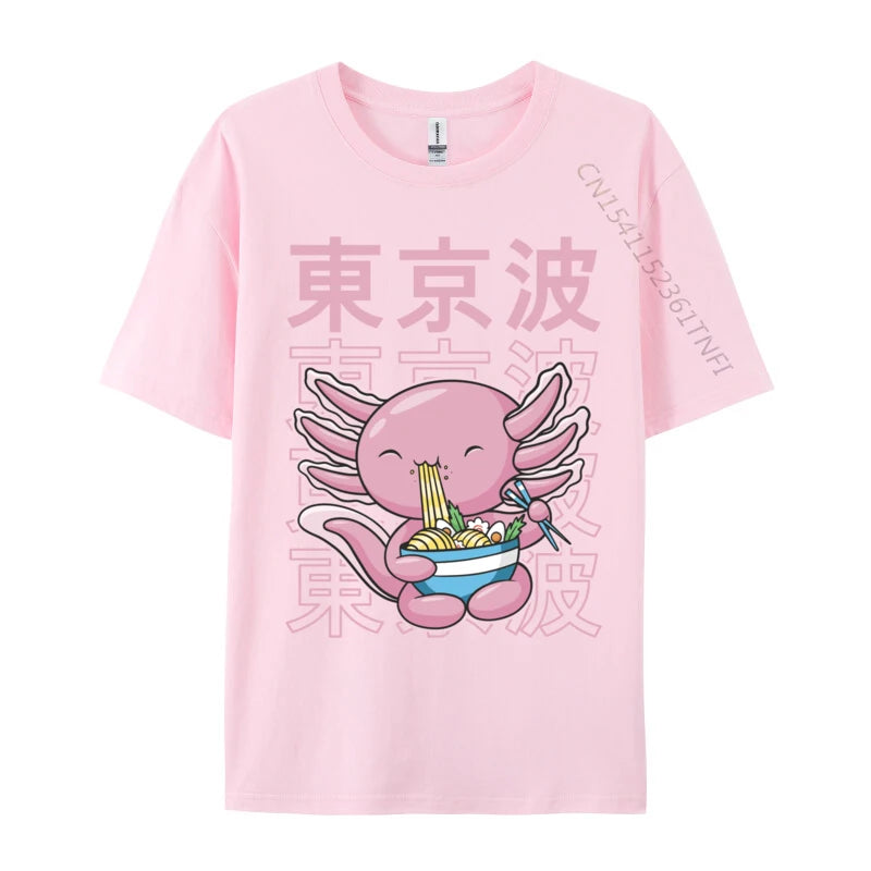 Kawaii Axolotl Eating Ramen Noodles T Shirt Autumn Hip hop