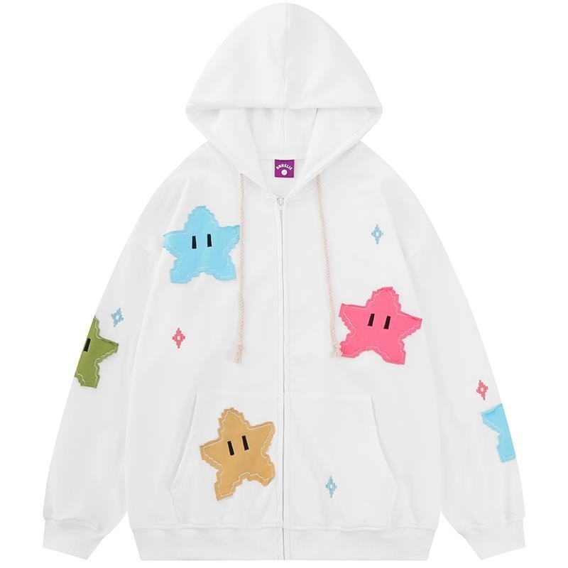 American Style Zip Hoodie Cardigan Sweatshirt Embrace Kawaii Fashion with Thick Patch Art and Kpop Butterfly Design