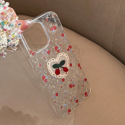 Glitter Cherry Embroidered iPhone Case Transparent