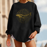 Women Elegant Whale Print Loose Fleece Sweatshirt Casual O Neck Autumn Winter