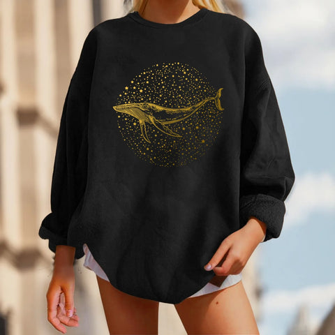 Frauen Elegant Whale Print Lose Fleece Sweatshirt Casual O Hals Herbst Winter