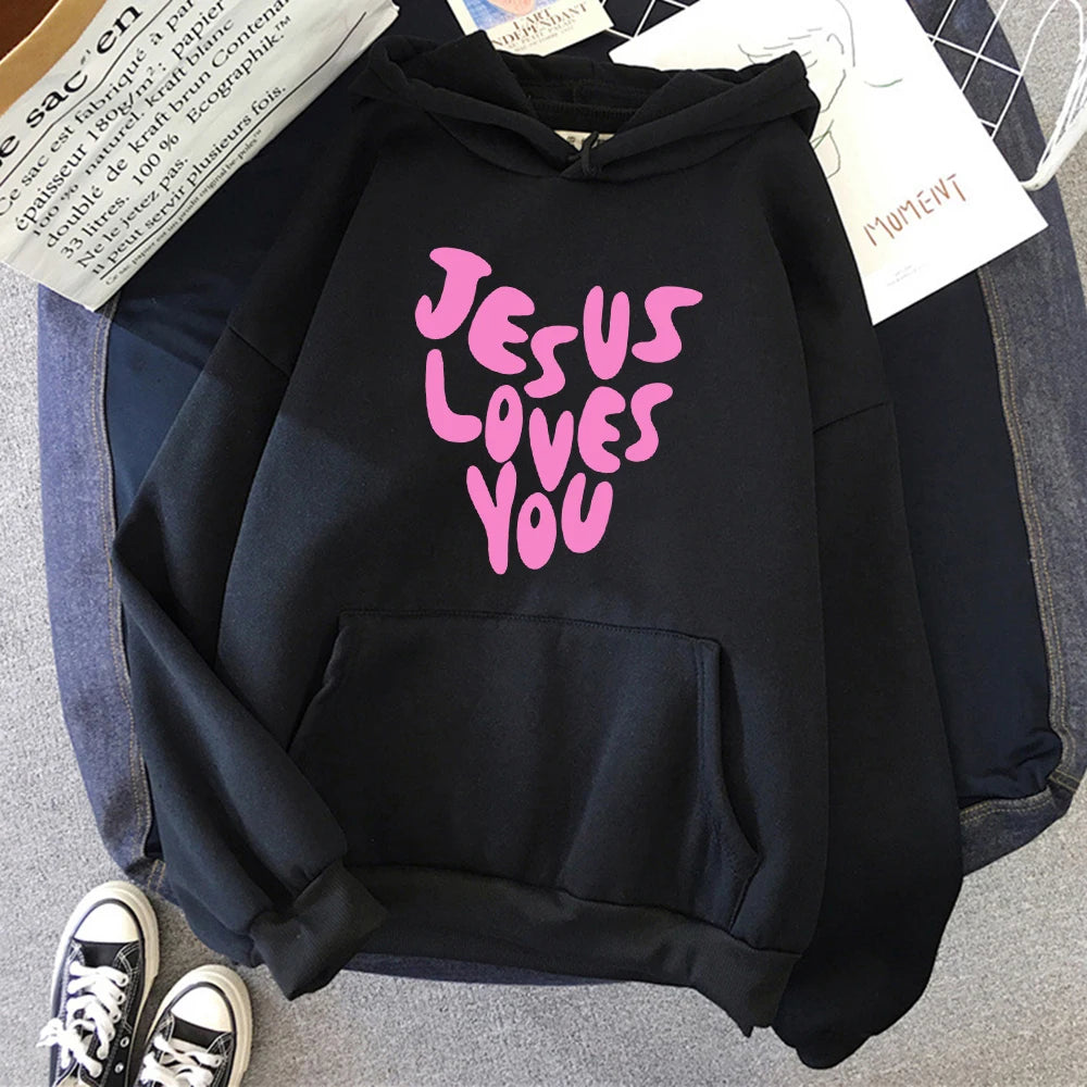 Jesus Loves You Letter Funny Prints Hoodies Women Fleece Pocket