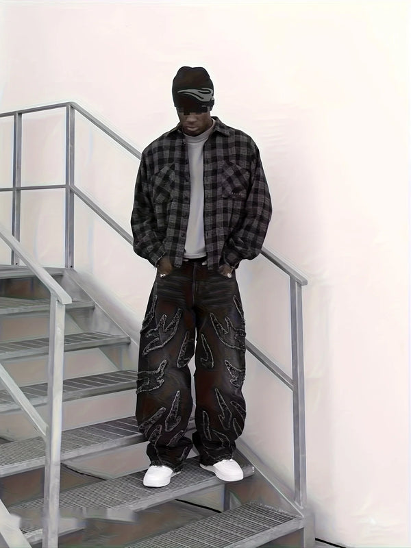 Mens Wide Leg Jeans Flame Embroidered Graffiti Vintage Denim