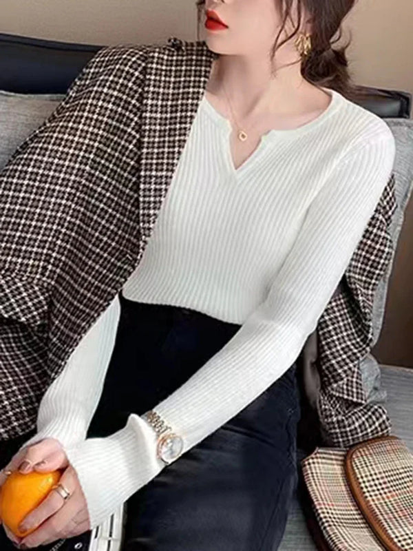 V Neck Sweater Women Knit Pullover Fall Winter Solid Color Top