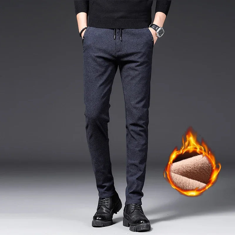 Winter Plush Trousers Men Business Fleece Pants Fashion