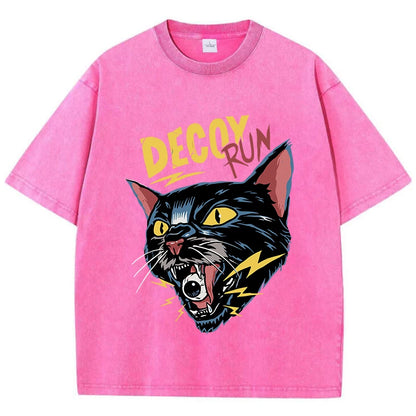 Vintage Horror Cat Print T-Shirt Men Washed Loose Summer Streetwear