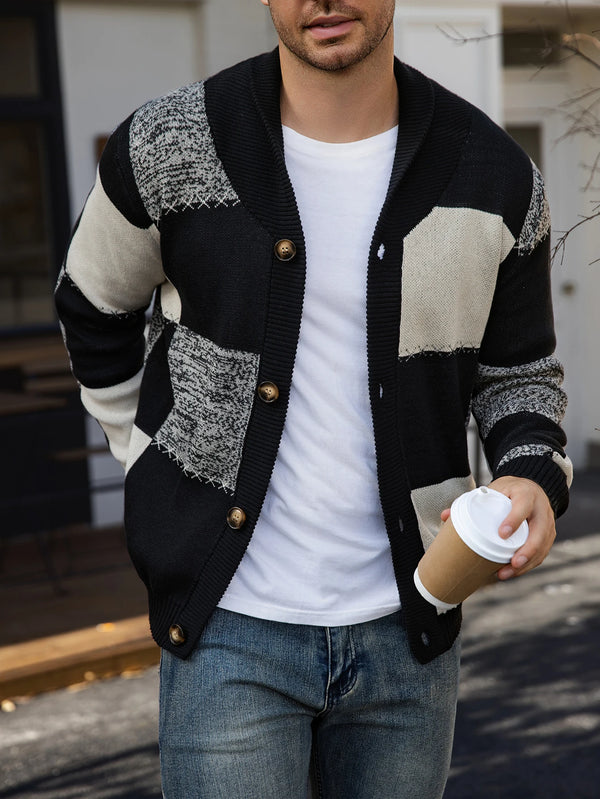 Mens Plaid Cardigan Sweater Colorblock Knit Jacket Fall Winter