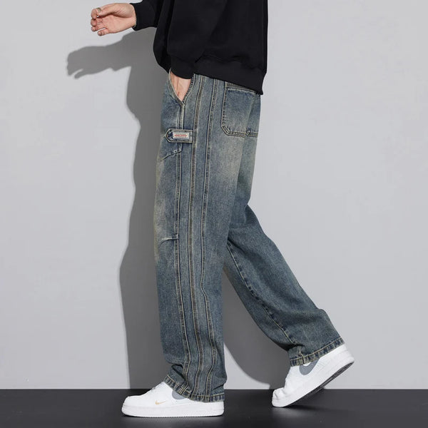 Mens Retro Washed Jeans Loose Straight Leg Fit Vintage Denim Pants