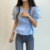 V Neck Lace Up Blouse Women Korean Slim Fit Office Summer Top