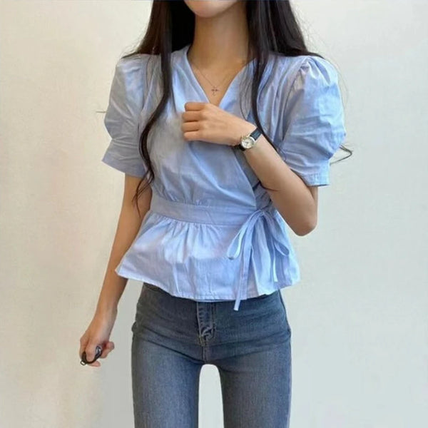 V Neck Lace Up Blouse Women Korean Slim Fit Office Summer Top
