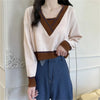 Women Color Block Sweater V Neck Layered Loose Knit Top Spring Fall