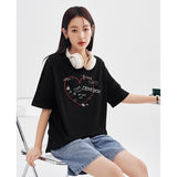 Women T-shirt Short Sleeve O Neck Loose Tees Flower Heart Print Pure Casual Tops - xinnzy