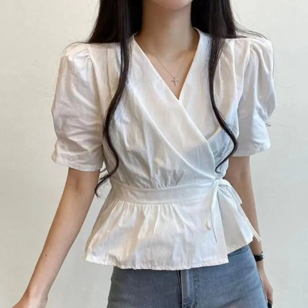 V Neck Lace Up Blouse Women Korean Slim Fit Office Summer Top