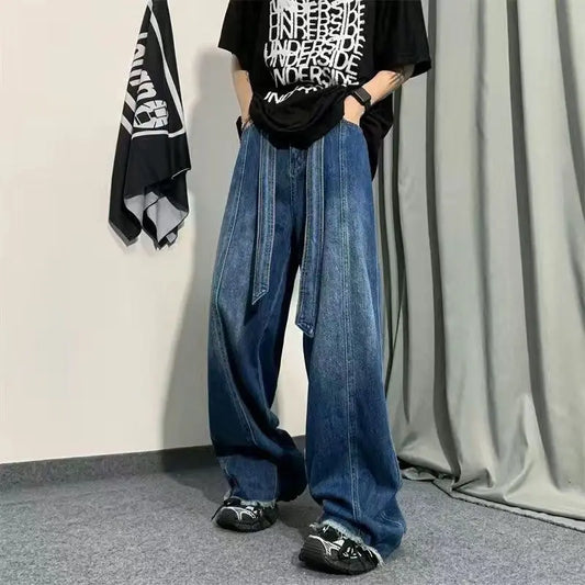 Men's Retro Wide Leg Jeans Loose Straight Washed Casual Pants
