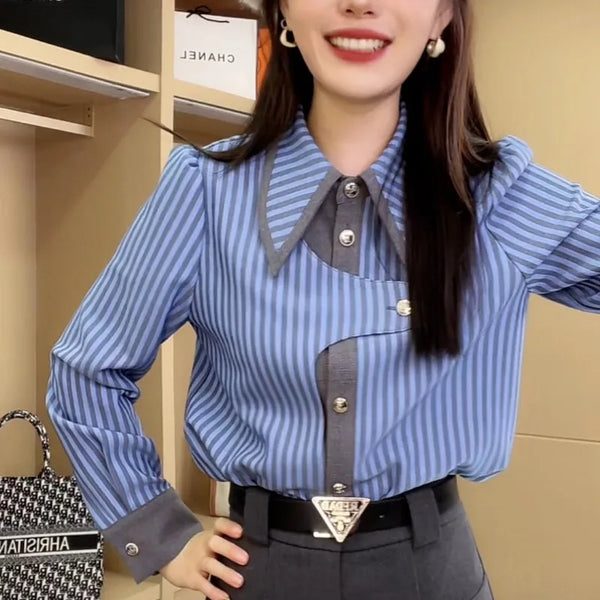 Asymmetric Striped Blouse Women Retro Collar Button Long Sleeve