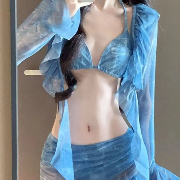 Four Piece Halter Bikini Long Sleeve Rash Guard Split Swimwear