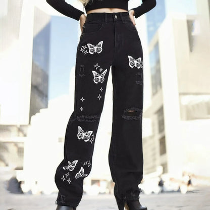 Womens Butterfly Print Jeans High Waist Straight Denim