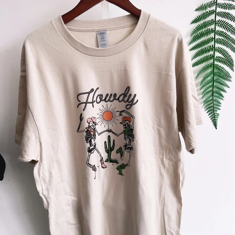 Vintage Howdy Skeleton Cowgirl Tee Summer Western Shirt Women