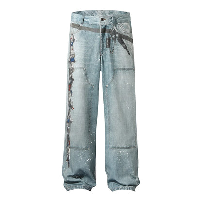 Washed Blue Men Baggy Jeans High Street Vintage Style