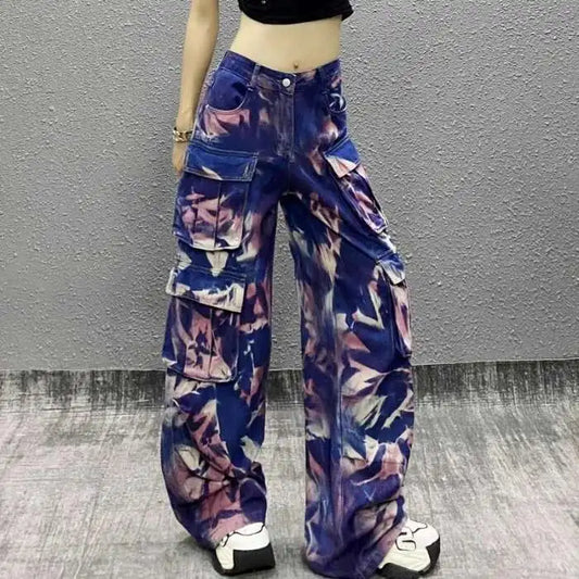 Women's Tie Dye Wide Leg Cargo Jeans High Waisted Streetwear Denim