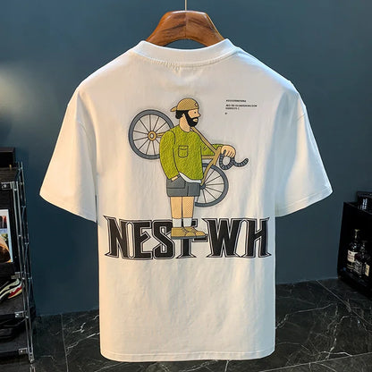 Men’s Summer Loose Embroidered Print T-Shirt Casual Trendy Short Sleeve