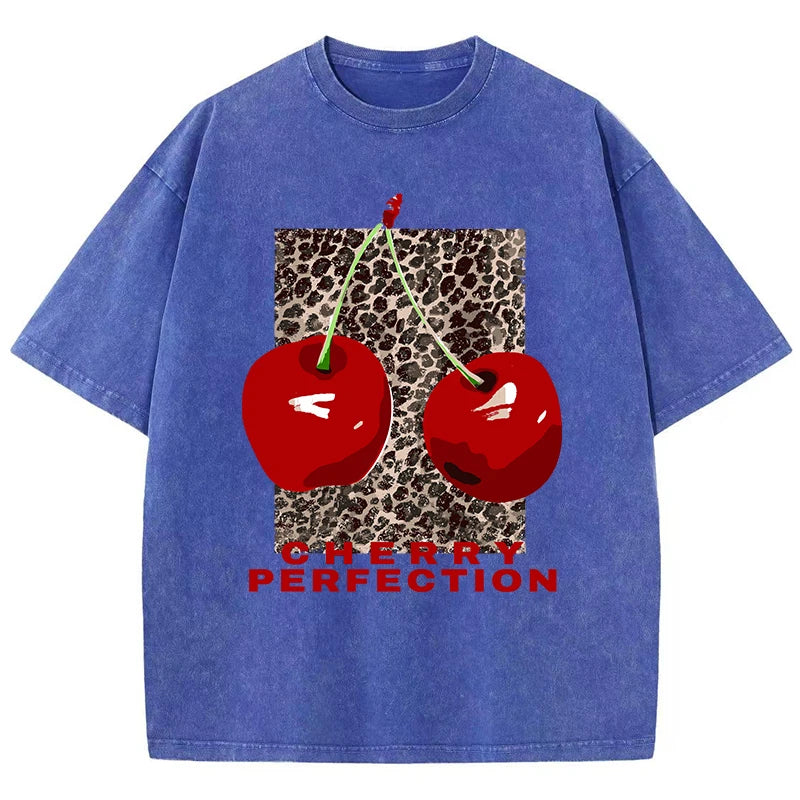 Cherry perfection Washed T Shirt Women Cotton Leopard Prints Oversize