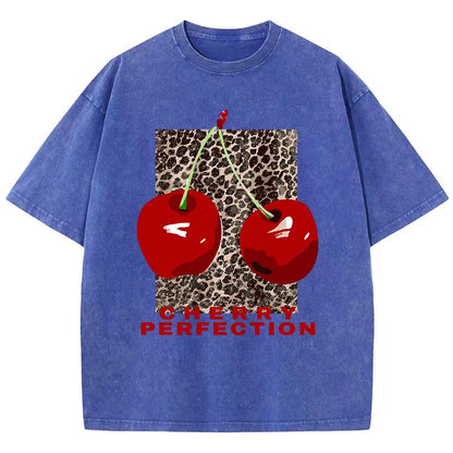 Cherry perfection Washed T Shirt Women Cotton Leopard Prints Oversize