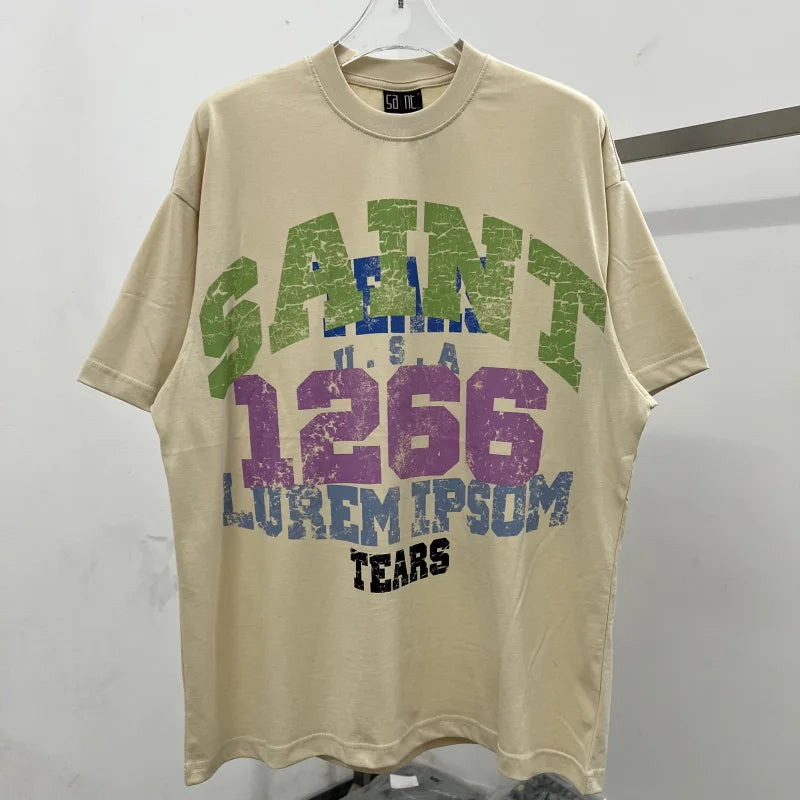Oversized Saint T-Shirt Men Women Vintage Letter Print Streetwear