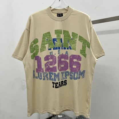 Oversized Saint T-Shirt Men Women Vintage Letter Print Streetwear