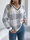 Womens Colorblock V Neck Sweater Lantern Sleeve Striped Knit Top