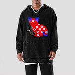 Men's Retro Cat Print Washed Hoodie