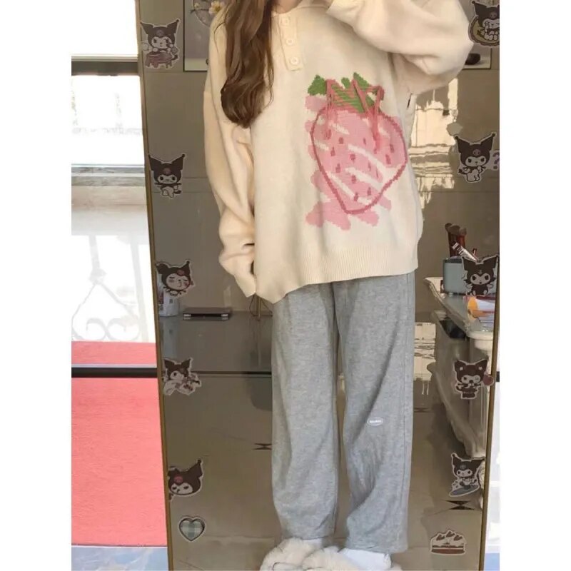 Süße Erdbeer-Strickoberteile für Frauen, Harajuku-Kawaii-Pullover für Herbst und Winter