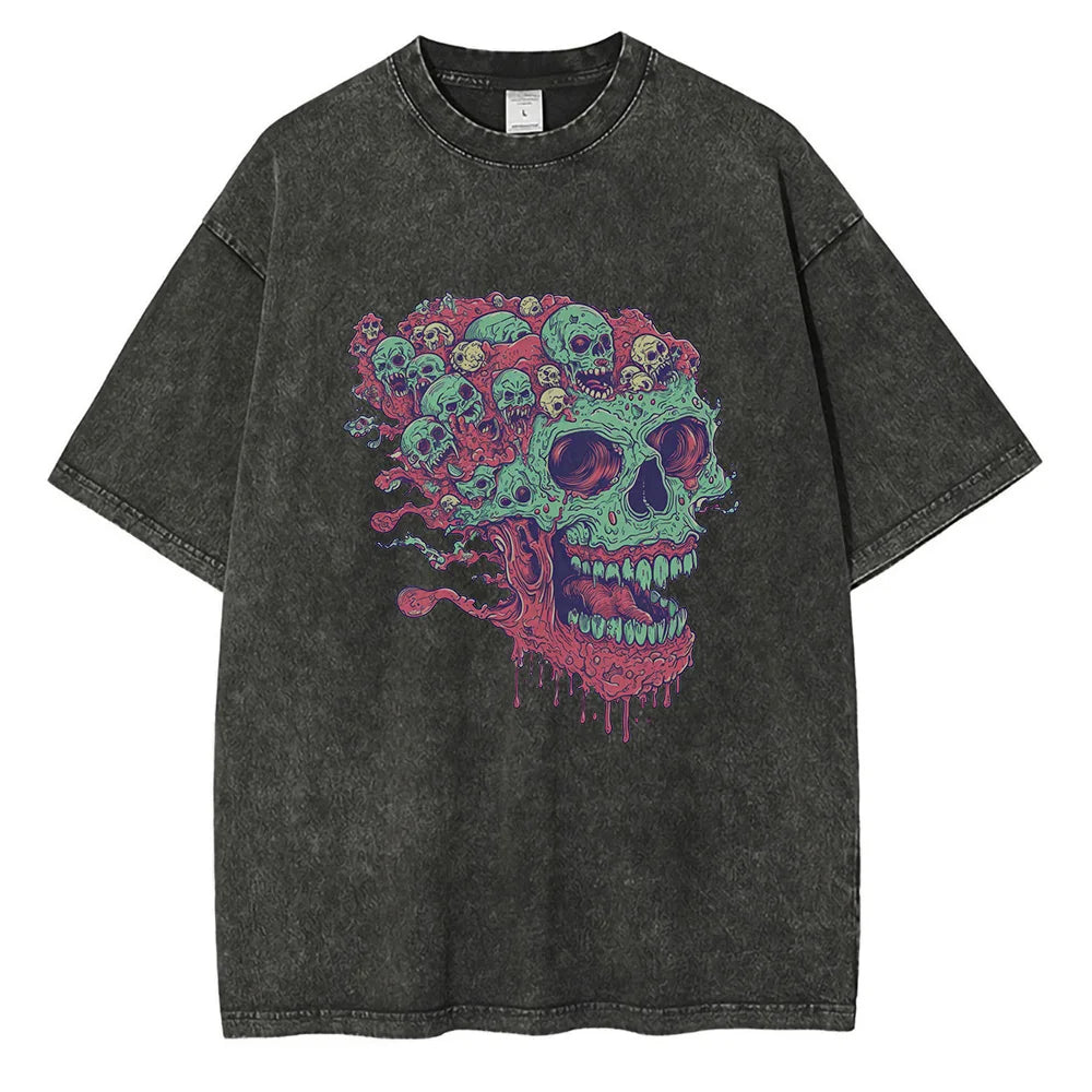 2025 Cold-Blooded Zombie Skull T-Shirt Vintage Wash Men’s Casual