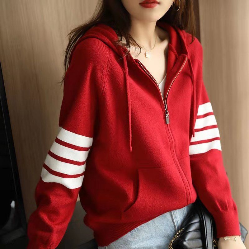 Women Hoodies Sweatshirts Loose Coat Tops Striped Zipper Knitted