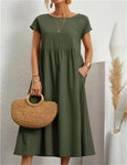 Womens Solid Color Cotton Linen Dress