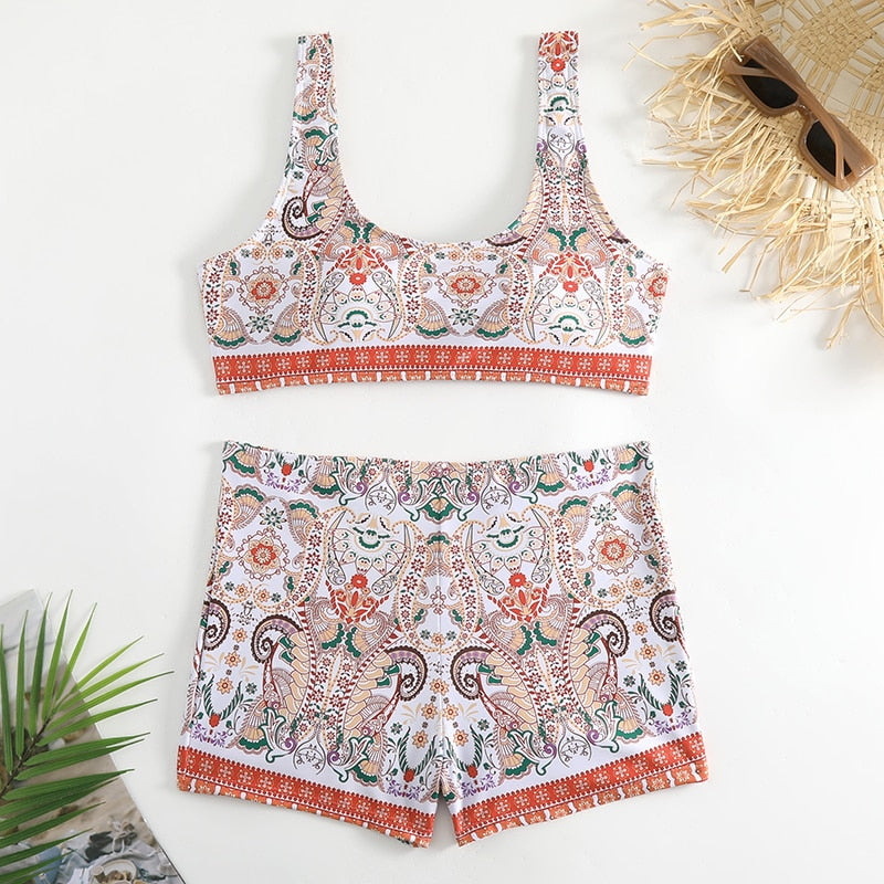 Vintage Bikini Set Swimsuit Retro Print Tank Top High Waist